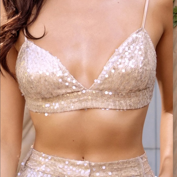 Champagne color sequins 3pc coordinating set: bralette, pants & button-up shirt - Picture 5 of 5